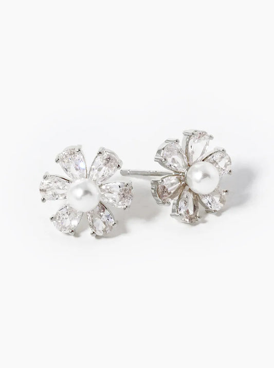 White Gold Dipped Pearl CZ Flower Stud Earrings