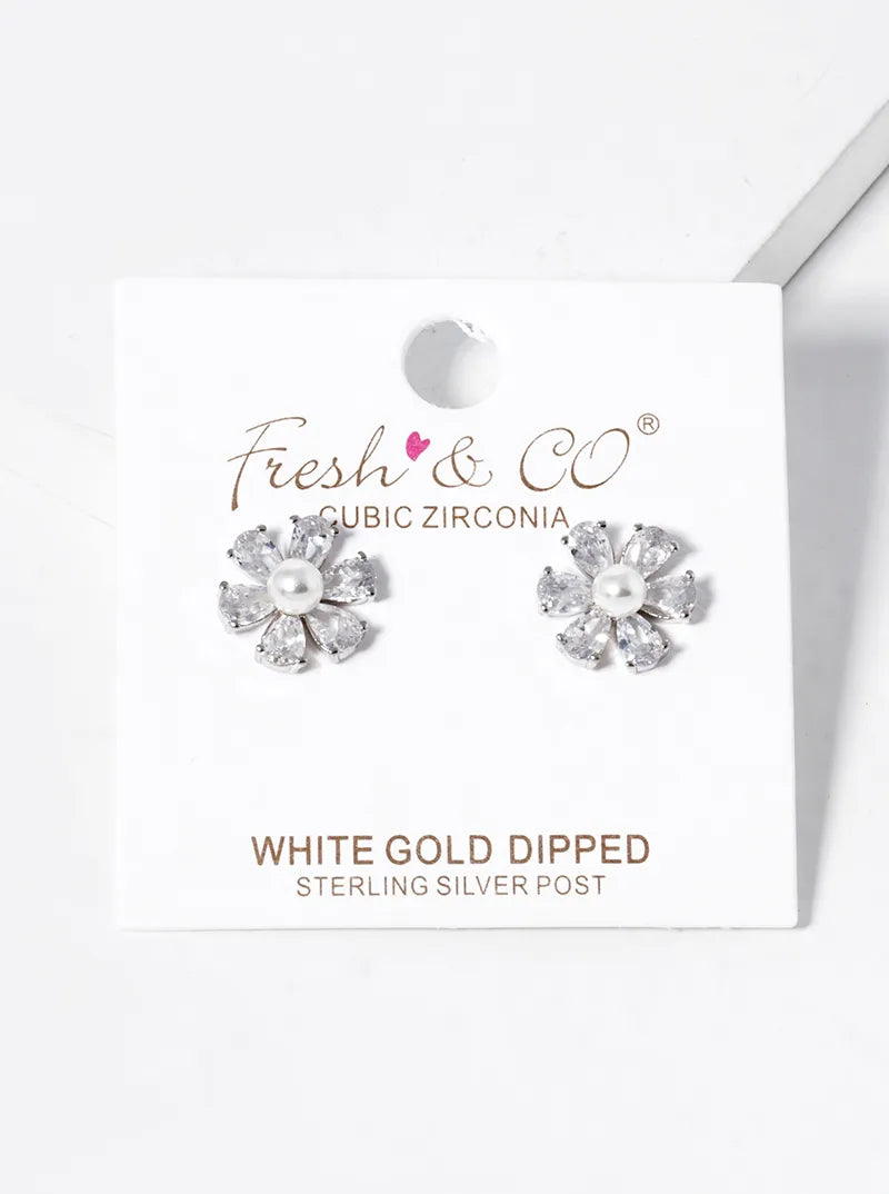 White Gold Dipped Pearl CZ Flower Stud Earrings