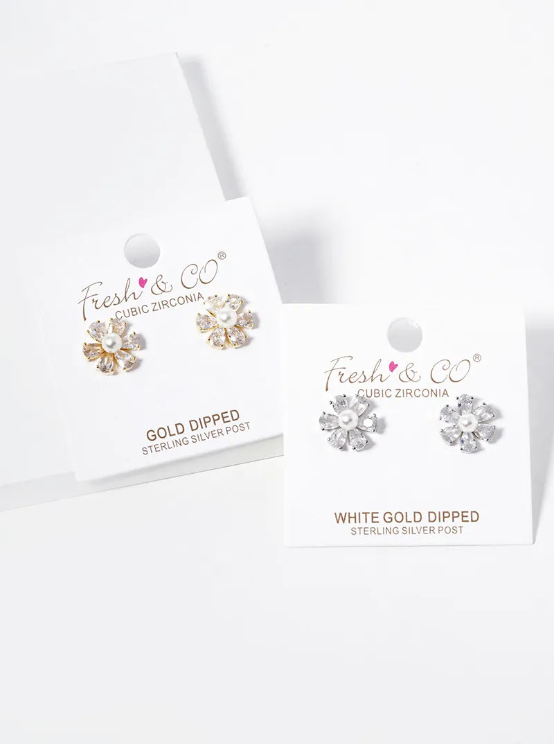 White Gold Dipped Pearl CZ Flower Stud Earrings