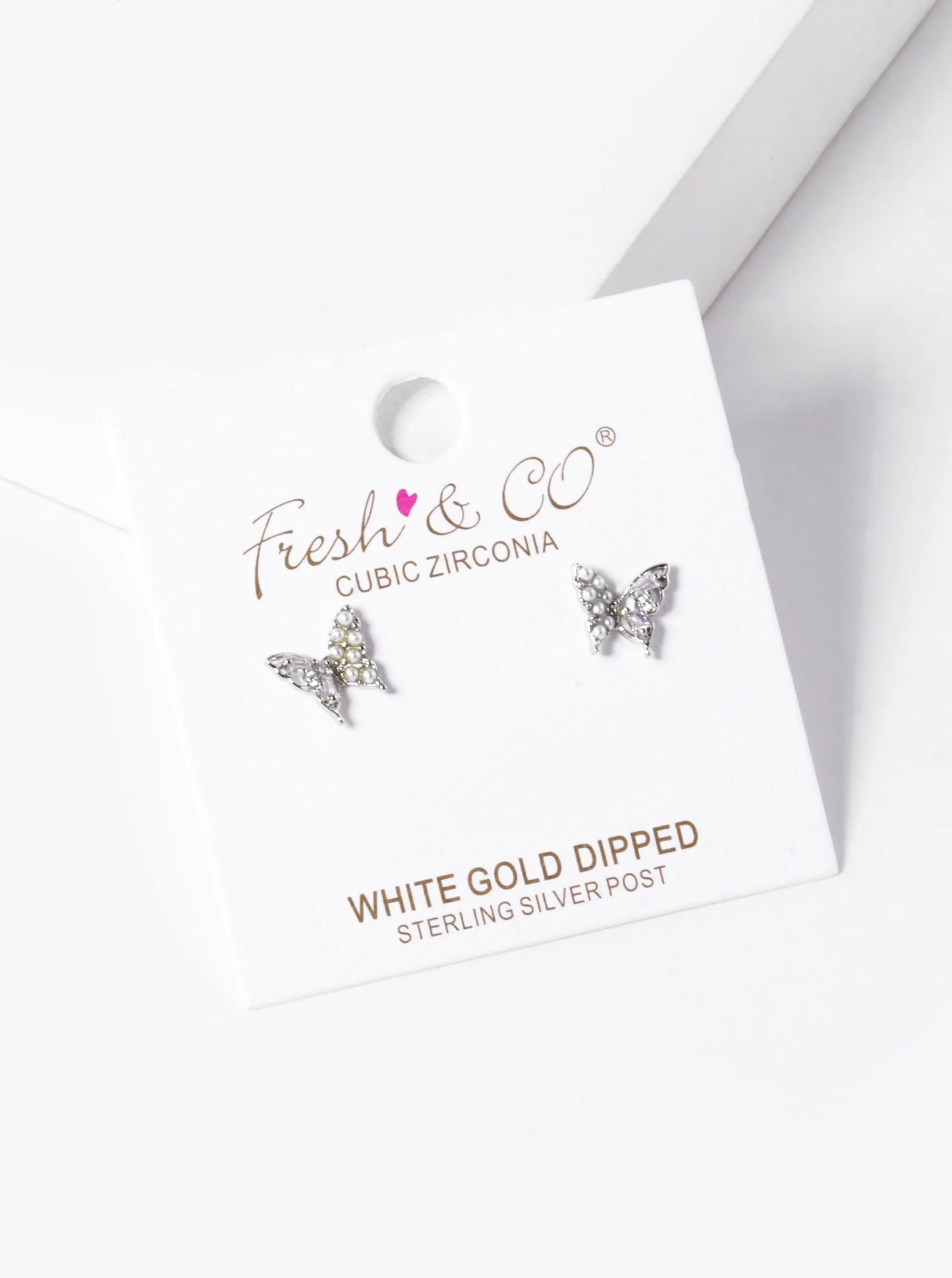 White Gold Dipped Pearl CZ Pave Butterfly Stud Earrings