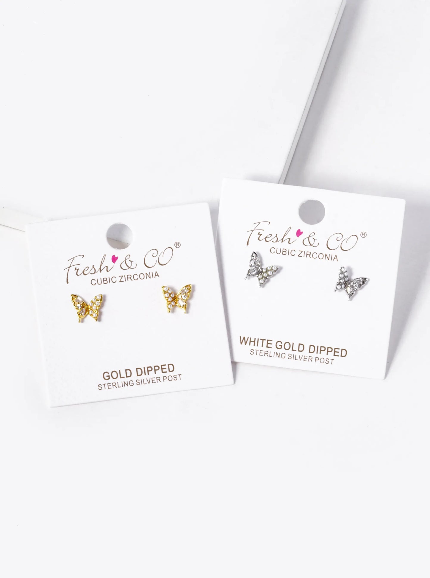 White Gold Dipped Pearl CZ Pave Butterfly Stud Earrings