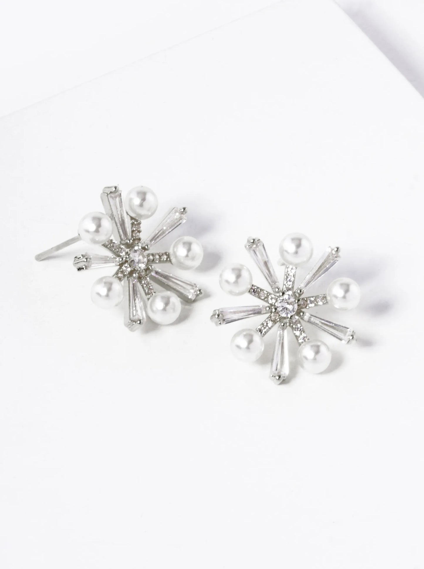 White Gold Dipped Pearl CZ Pave Snowflake Stud Earrings