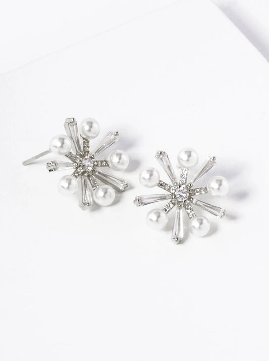 White Gold Dipped Pearl CZ Pave Snowflake Stud Earrings