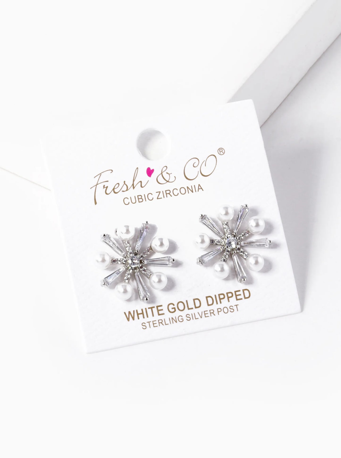 White Gold Dipped Pearl CZ Pave Snowflake Stud Earrings