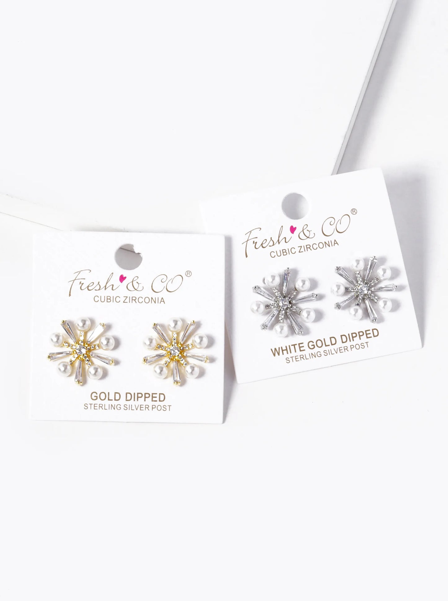 White Gold Dipped Pearl CZ Pave Snowflake Stud Earrings