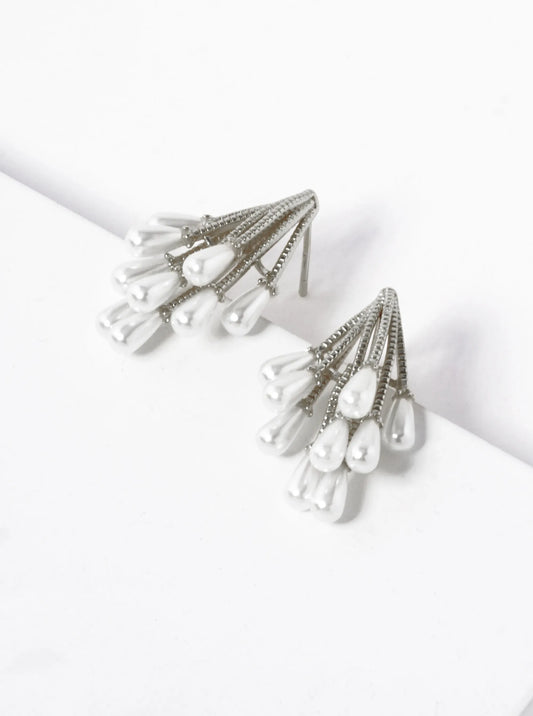 White Gold Dipped Pearl Cluster Post Stud Earrings