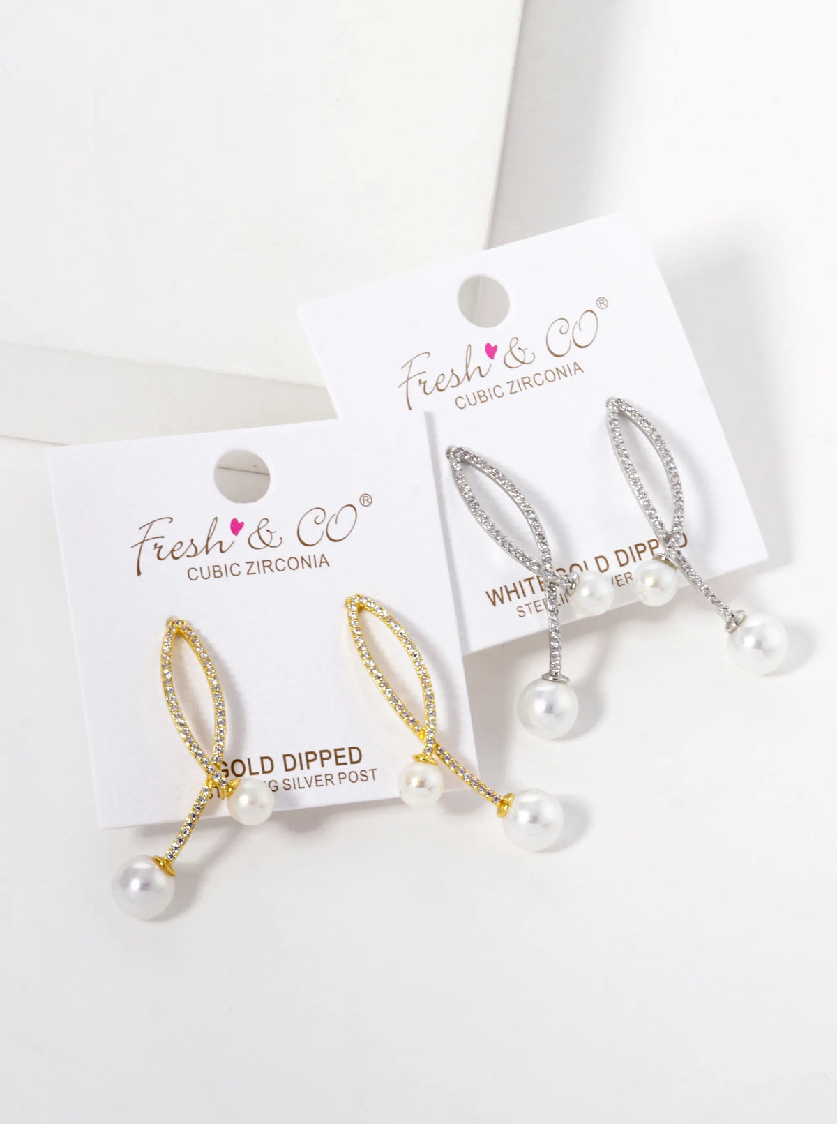 White Gold Dipped Pearl Drop CZ Pave Curved Double Bar Post Earrings
