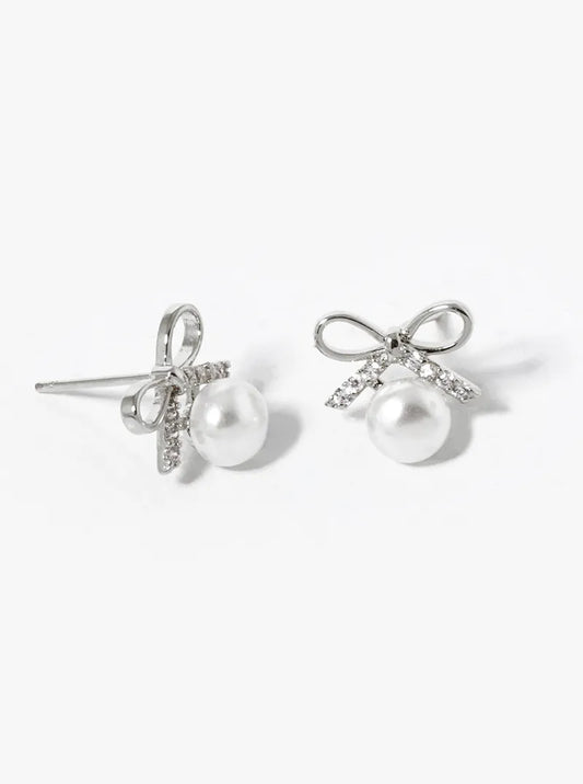 White Gold Dipped Pearl Drop CZ Pave Ribbon Bow Stud Earrings
