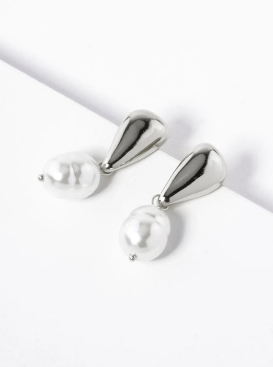 White Gold Dipped Pearl Drop Dangle Earrings