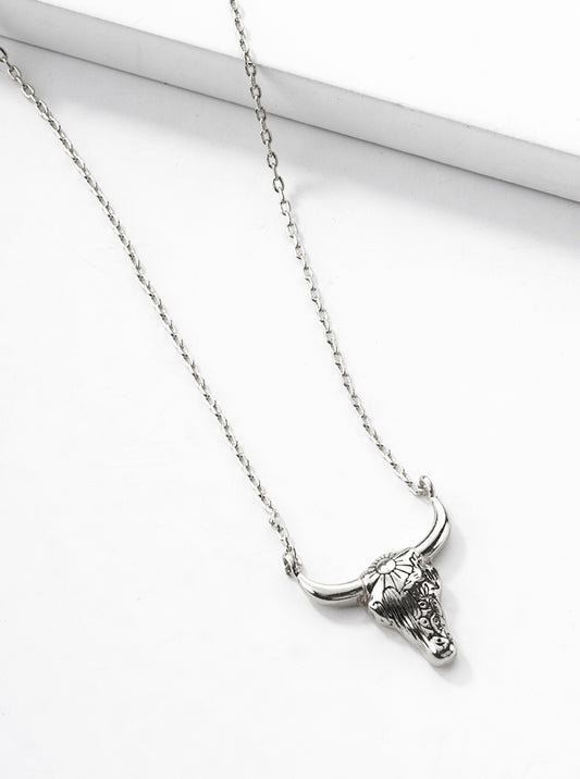 White Gold Dipped Picturesque Scene Engraved Bull Head Pendant Necklace