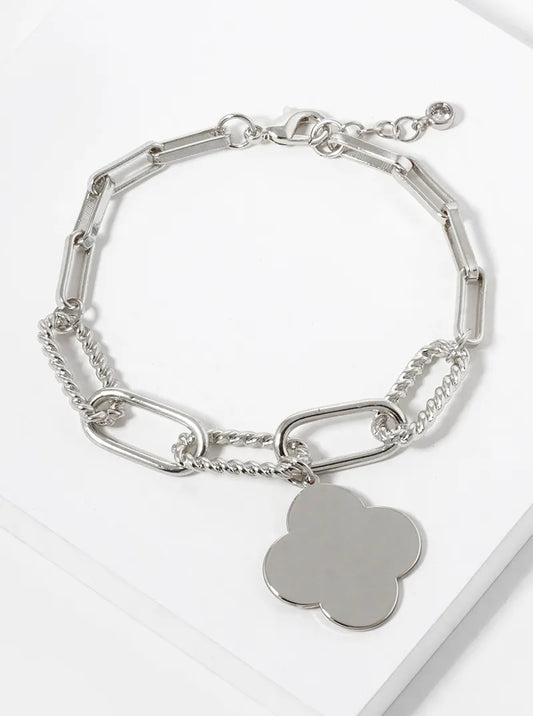 White Gold Dipped Quatrefoil Charm Chain Bracelet