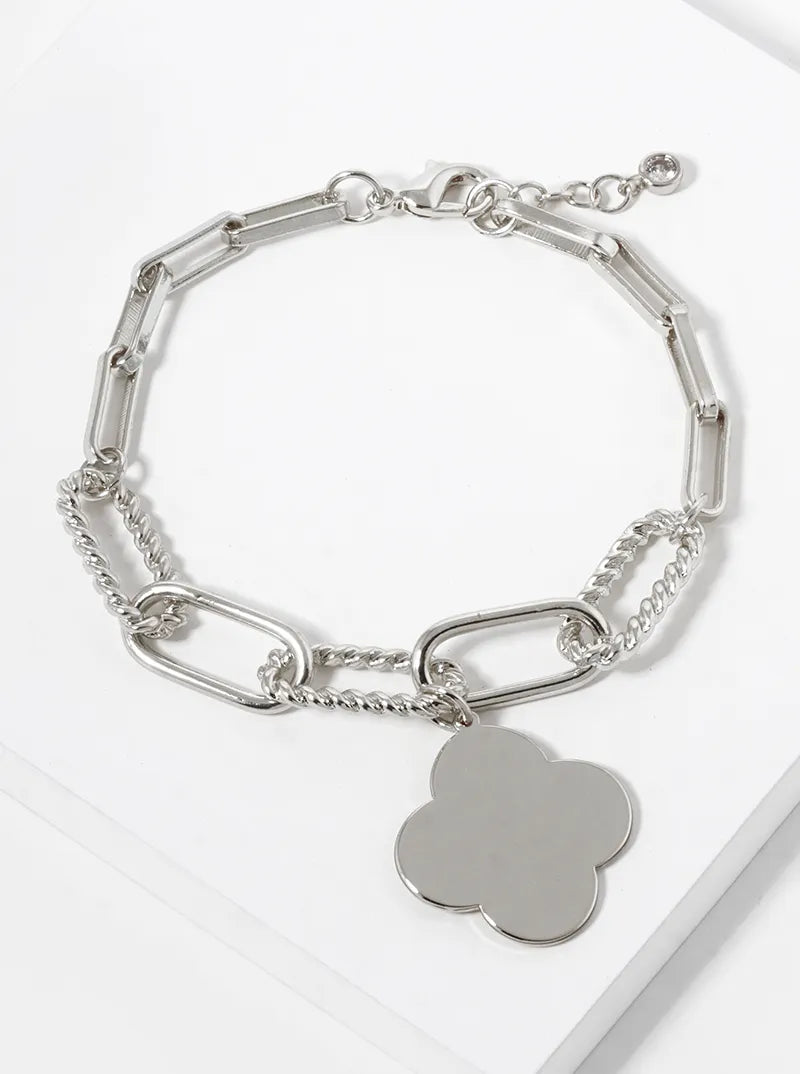 White Gold Dipped Quatrefoil Charm Chain Bracelet