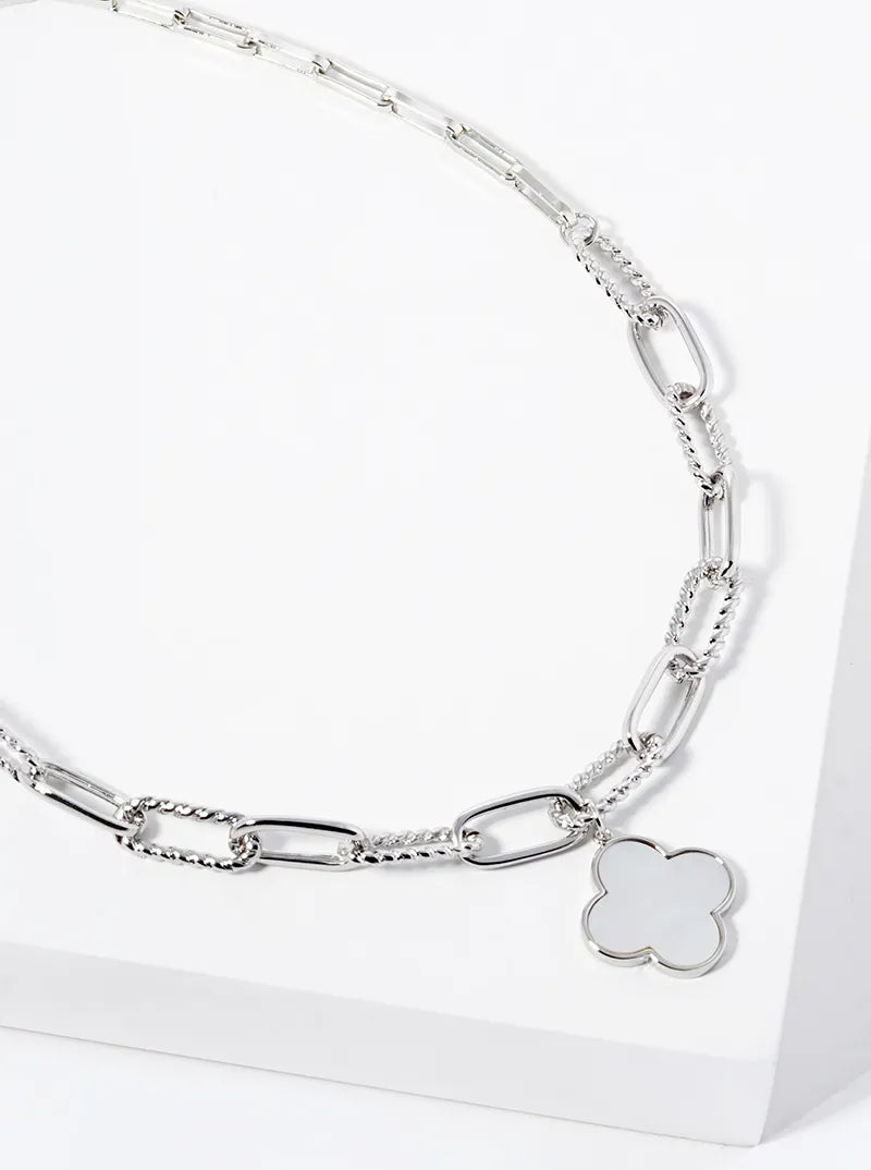 White Gold Dipped Quatrefoil Pendant Link Chain Necklace