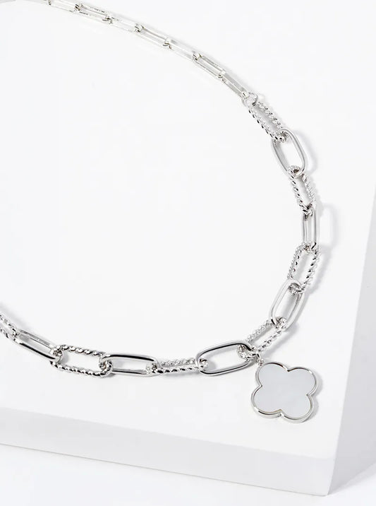White Gold Dipped Quatrefoil Pendant Link Chain Necklace
