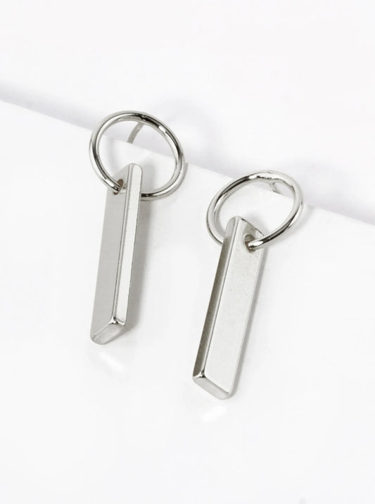 White Gold Dipped Rectangle Bar Drop Circle Post Earrings