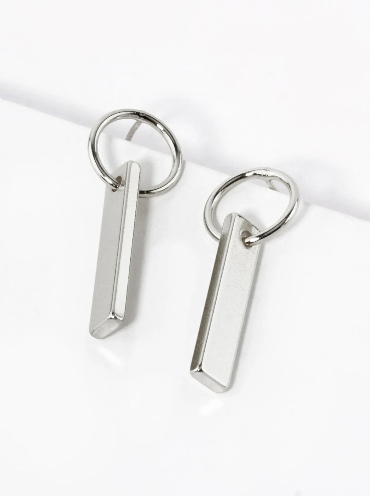 White Gold Dipped Rectangle Bar Drop Circle Post Earrings