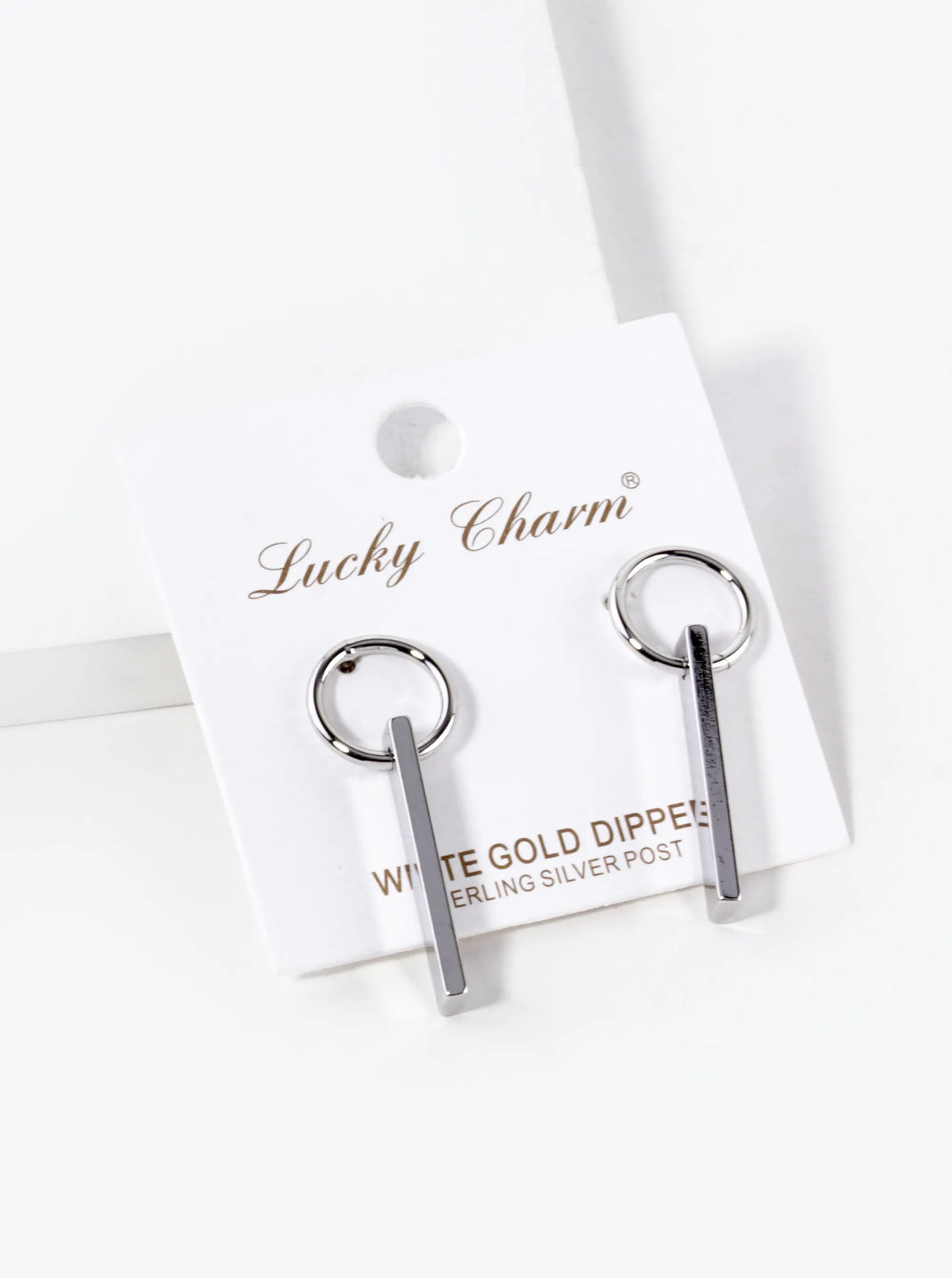 White Gold Dipped Rectangle Bar Drop Circle Post Earrings
