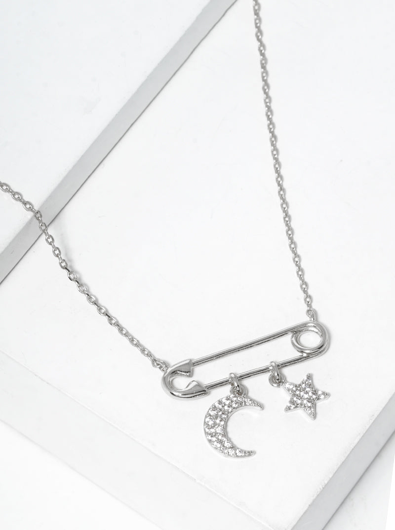White Gold Dipped Safety Pin With Star And Moon Drop Pendant Necklace