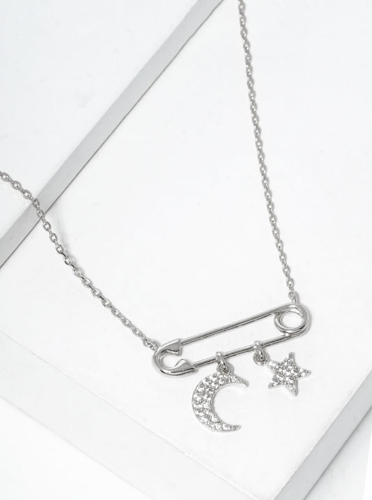 White Gold Dipped Safety Pin With Star And Moon Drop Pendant Necklace