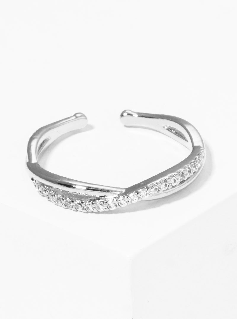 White Gold Dipped Shine Double X Crossed CZ Open Adjustable Ring