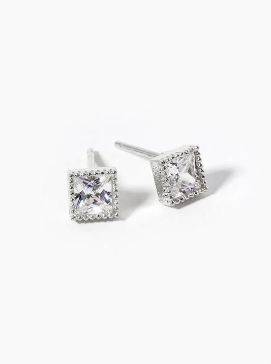 White Gold Dipped Square 4mm CZ Stone Post Stud Earrings