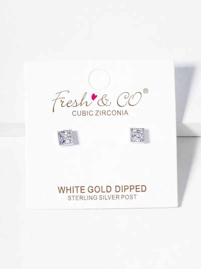 White Gold Dipped Square 4mm CZ Stone Post Stud Earrings