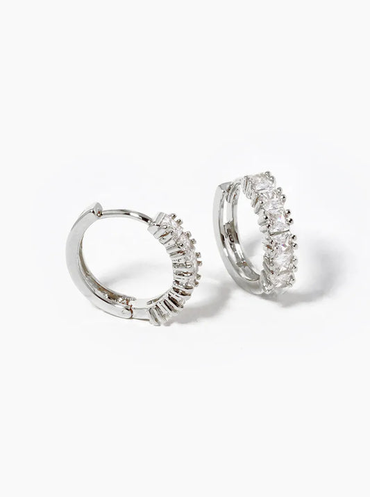 White Gold Dipped Square CZ Pave 12mm Huggie Hoop Earrings