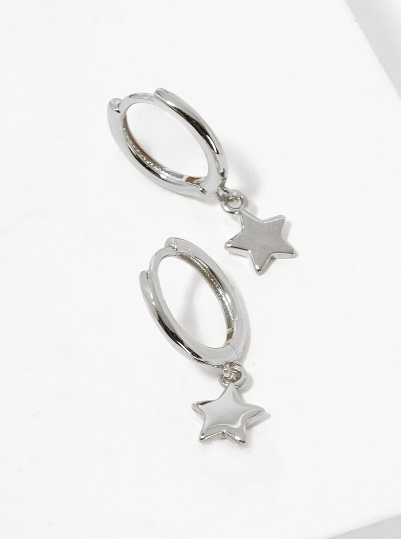 White Gold Dipped Star Drop 10mm Huggie Hoop Earrings