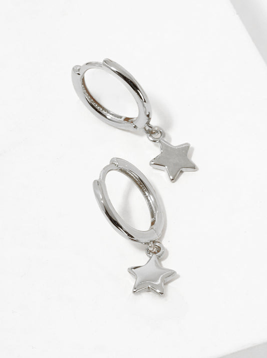 White Gold Dipped Star Drop 10mm Huggie Hoop Earrings
