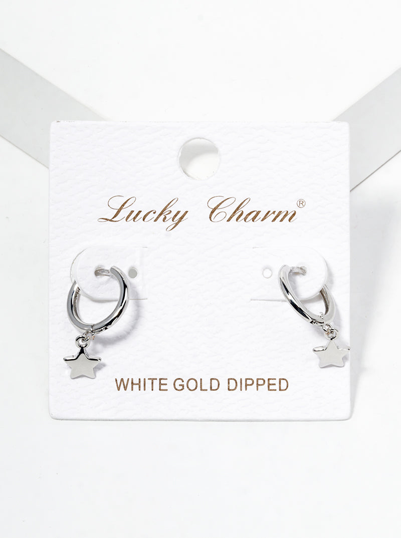 White Gold Dipped Star Drop 10mm Huggie Hoop Earrings