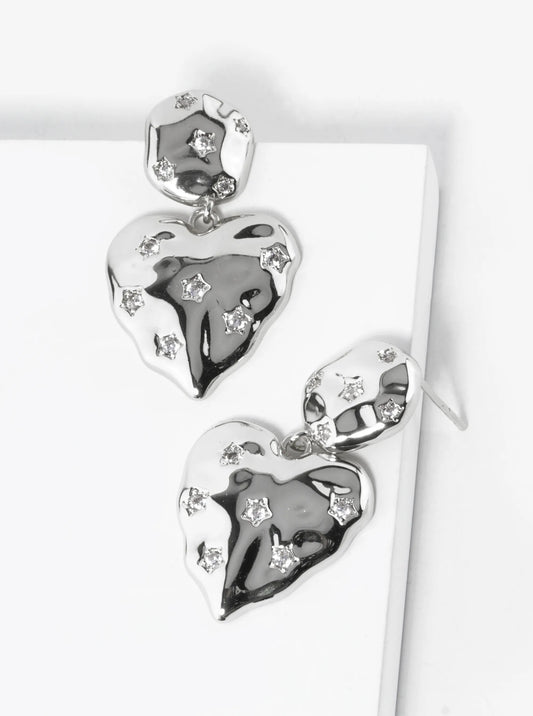 White Gold Dipped Star Shape CZ Pave Hammered Heart Drop Earrings
