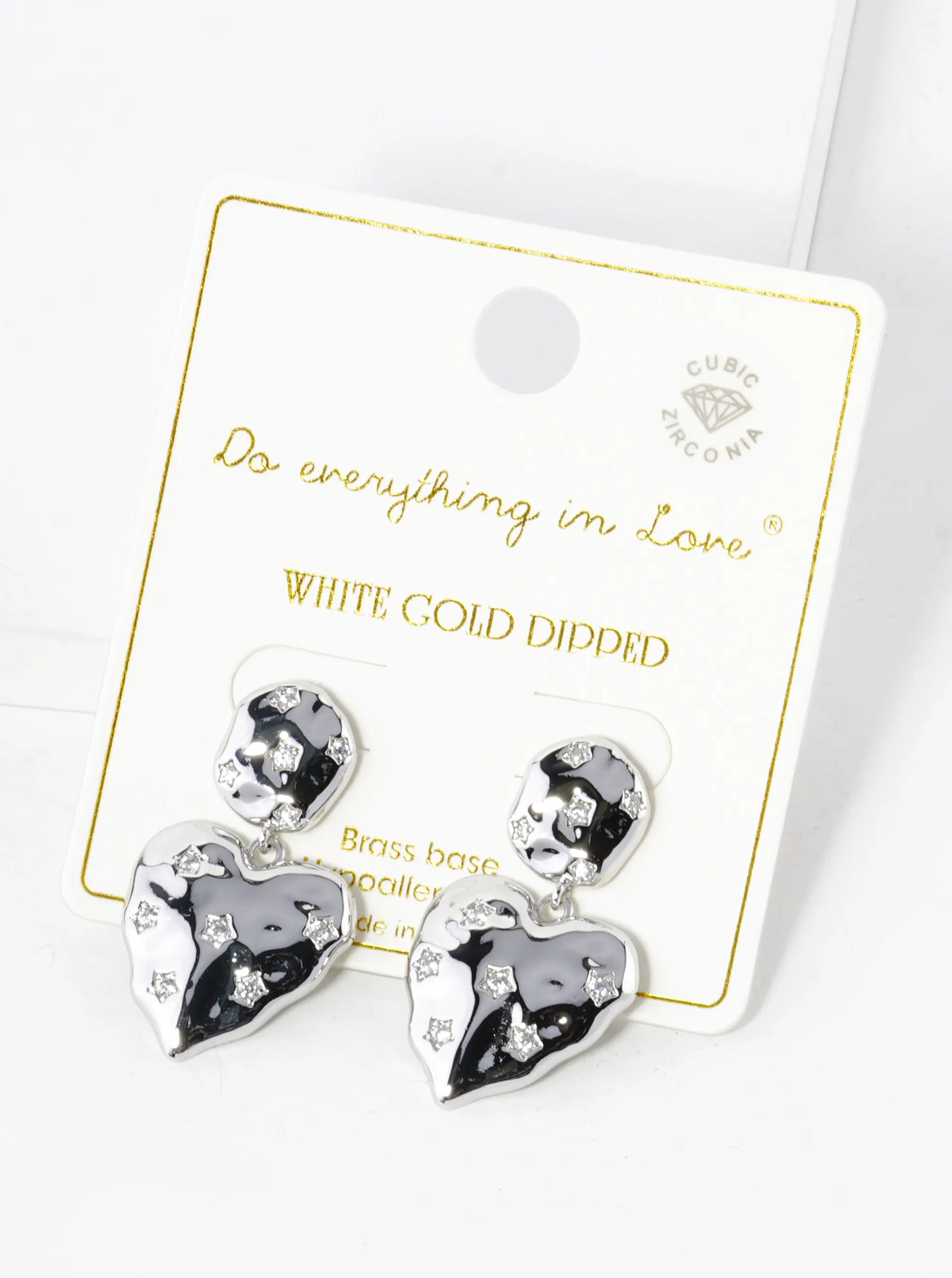 White Gold Dipped Star Shape CZ Pave Hammered Heart Drop Earrings