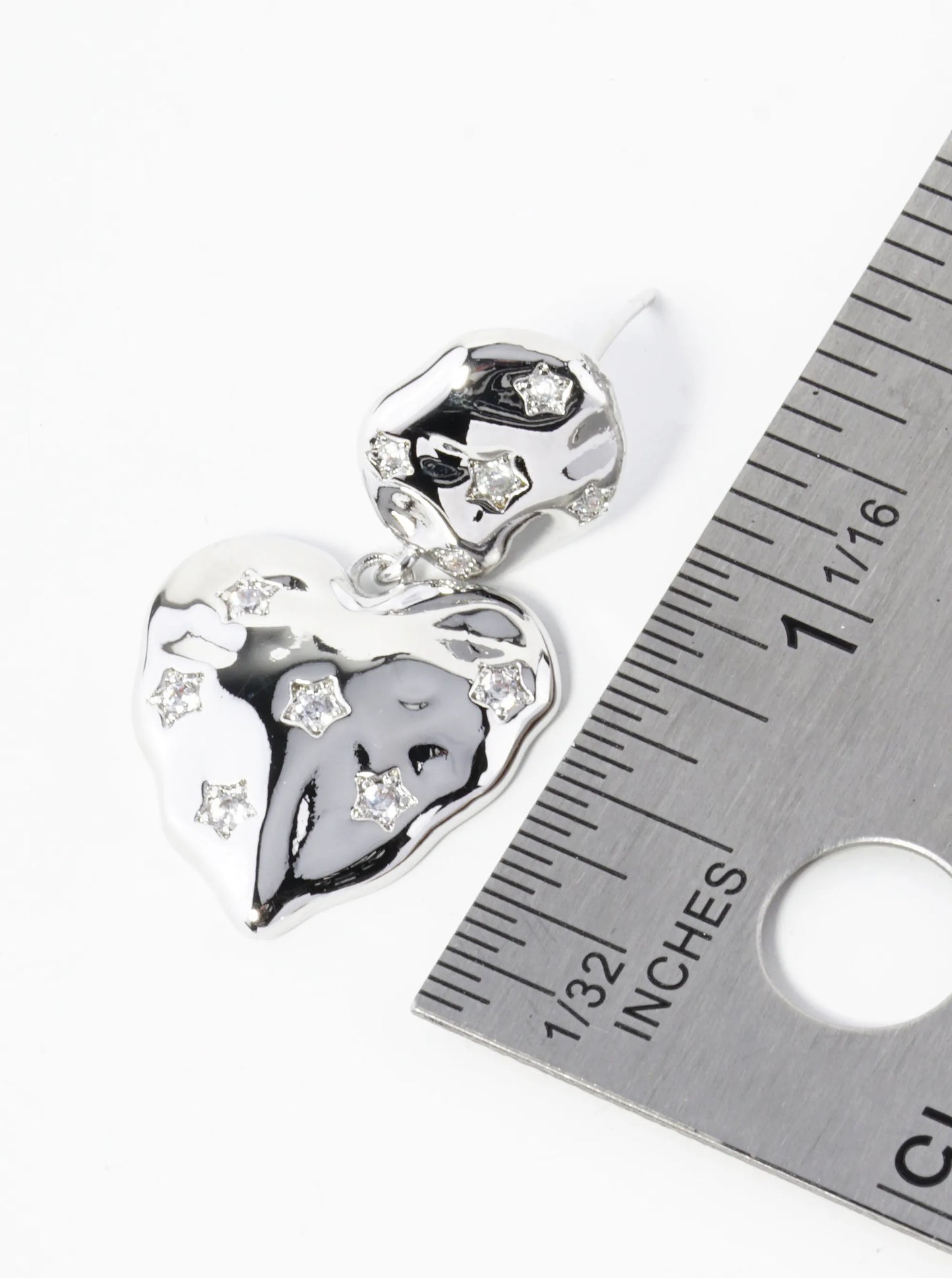 White Gold Dipped Star Shape CZ Pave Hammered Heart Drop Earrings