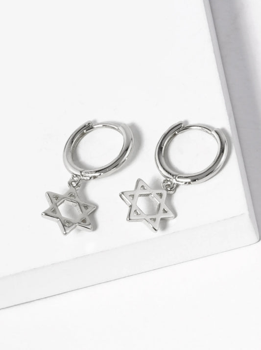 White Gold Dipped Star Of David Drop 10mm Huggie Hoop Earrings