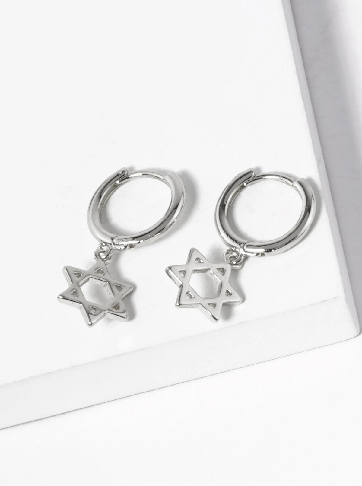 White Gold Dipped Star Of David Drop 10mm Huggie Hoop Earrings