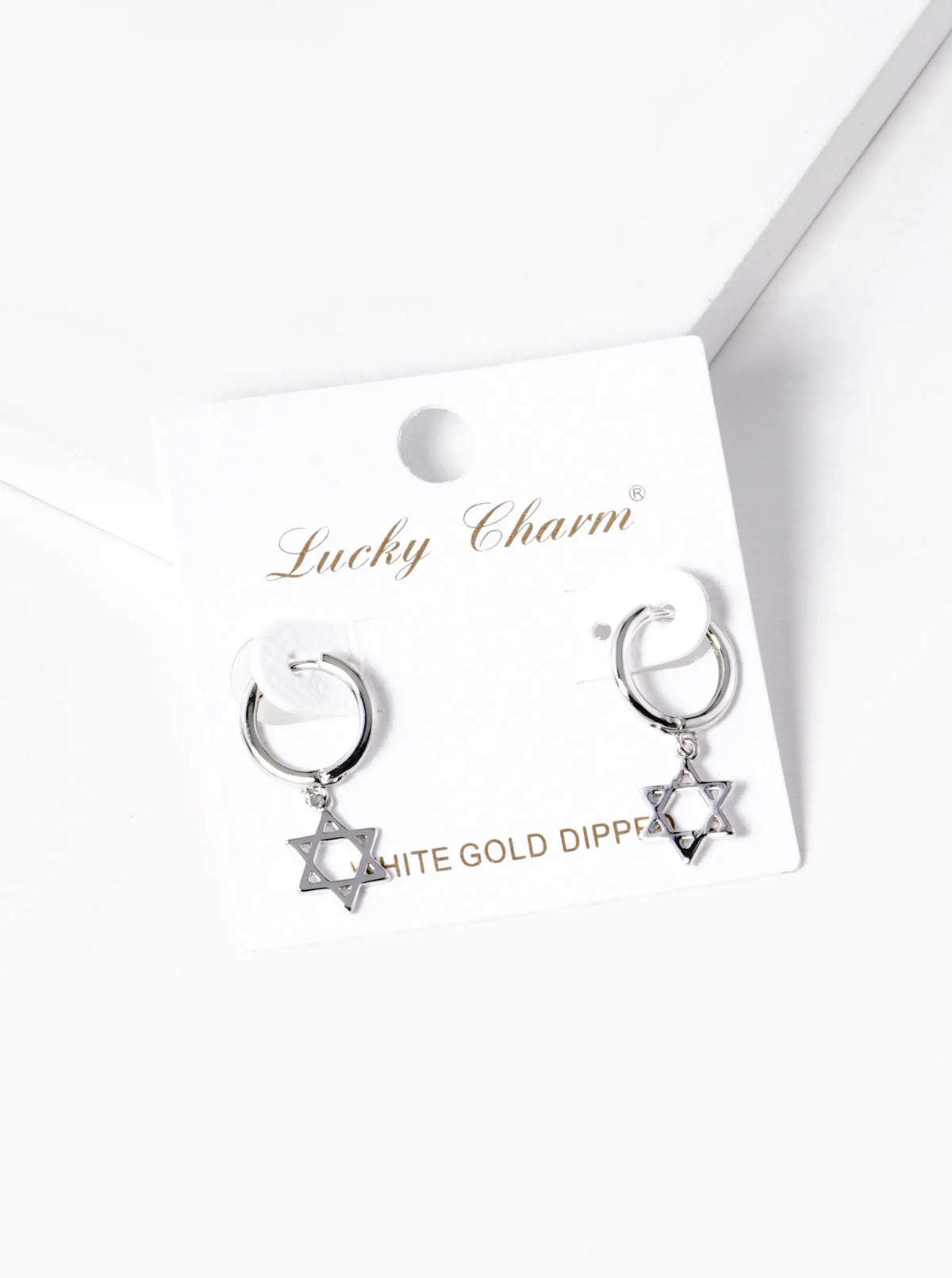 White Gold Dipped Star Of David Drop 10mm Huggie Hoop Earrings
