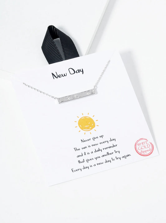 White Gold Dipped Sun Engraved Bar Pendant Necklace
