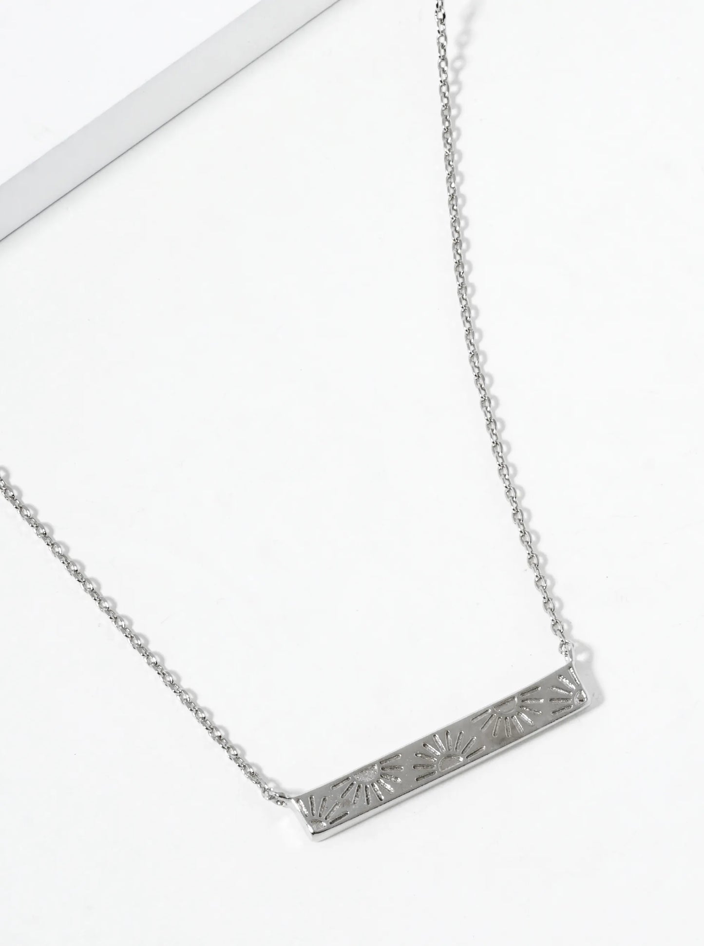 White Gold Dipped Sun Engraved Bar Pendant Necklace