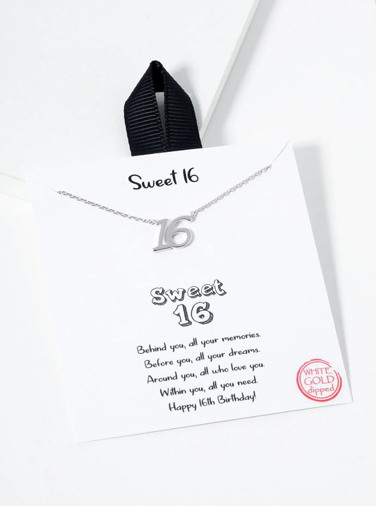 White Gold Dipped Sweet 16 Pendant Necklace