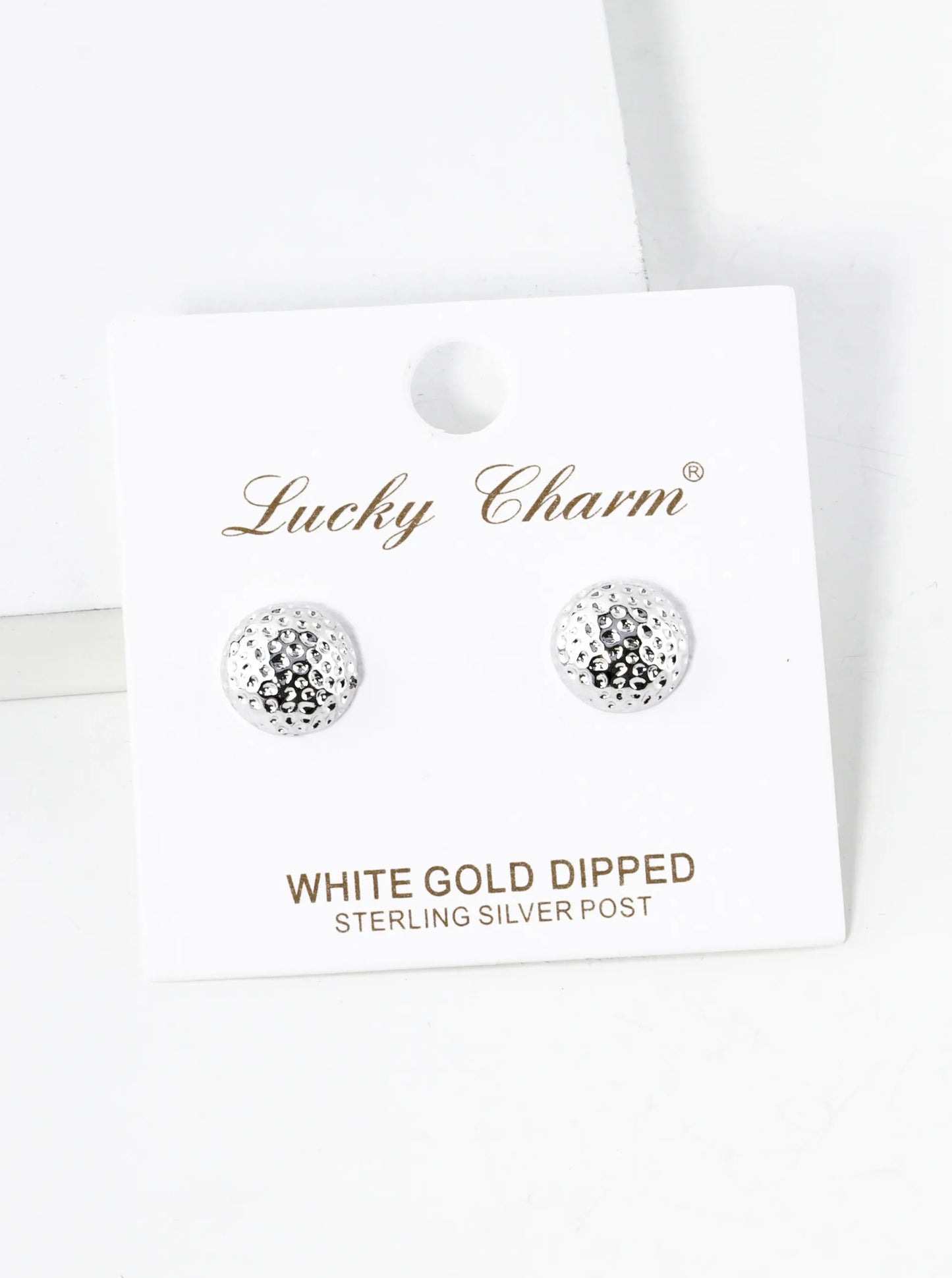 White Gold Dipped Textured 10mm Button Stud Earrings