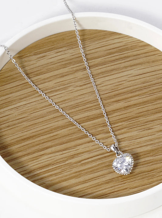 White Gold Dipped Textured 10mm CZ Stone Heart Pendant Necklace