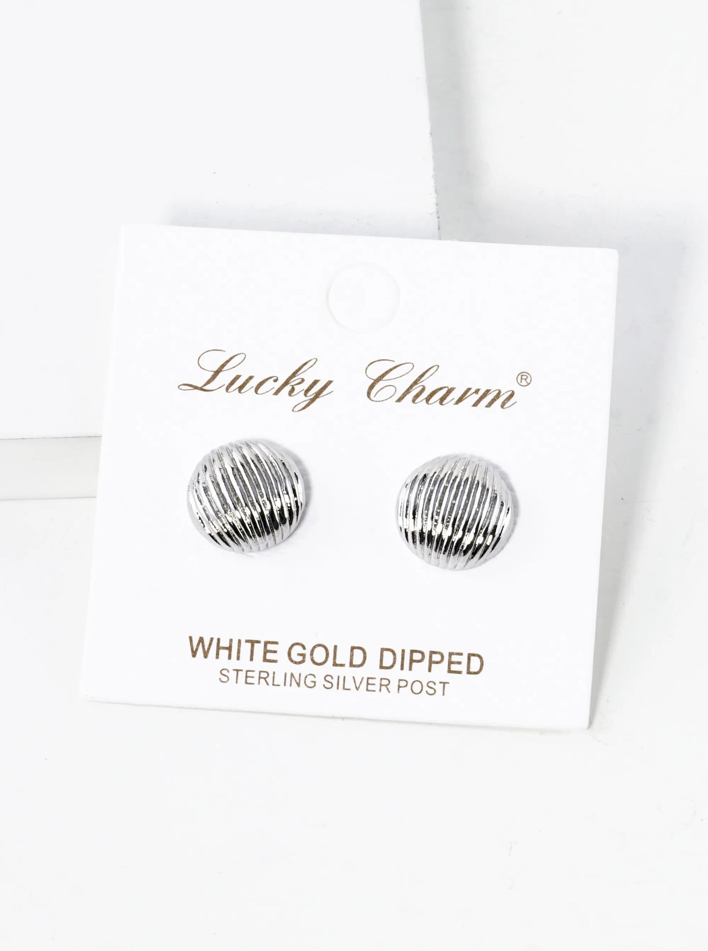 White Gold Dipped Textured 12mm Button Stud Earrings