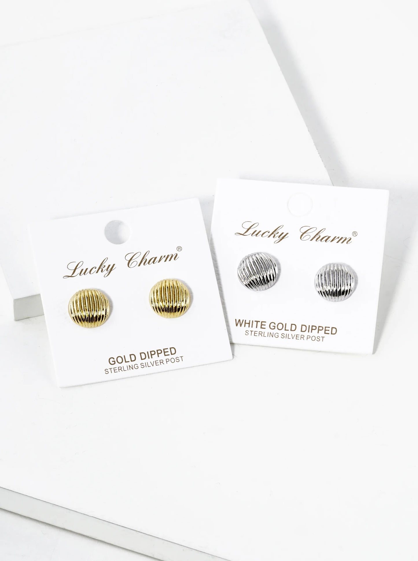 White Gold Dipped Textured 12mm Button Stud Earrings