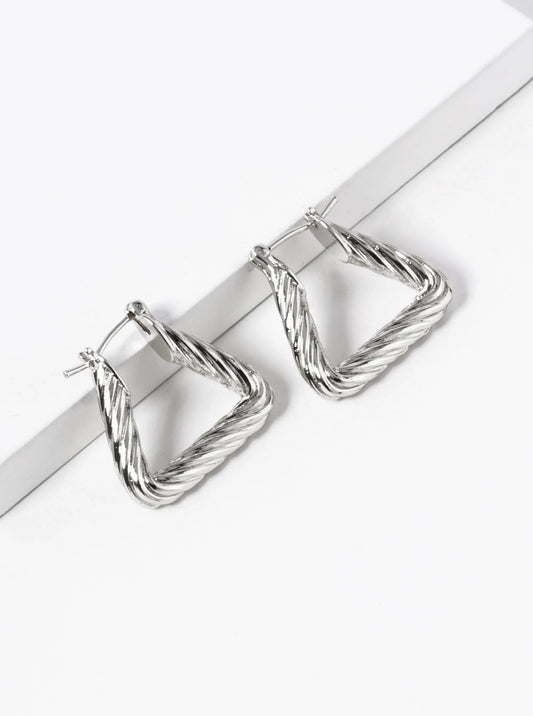 White Gold Dipped Textured 20mm Triangle Brass Hoop Earrings