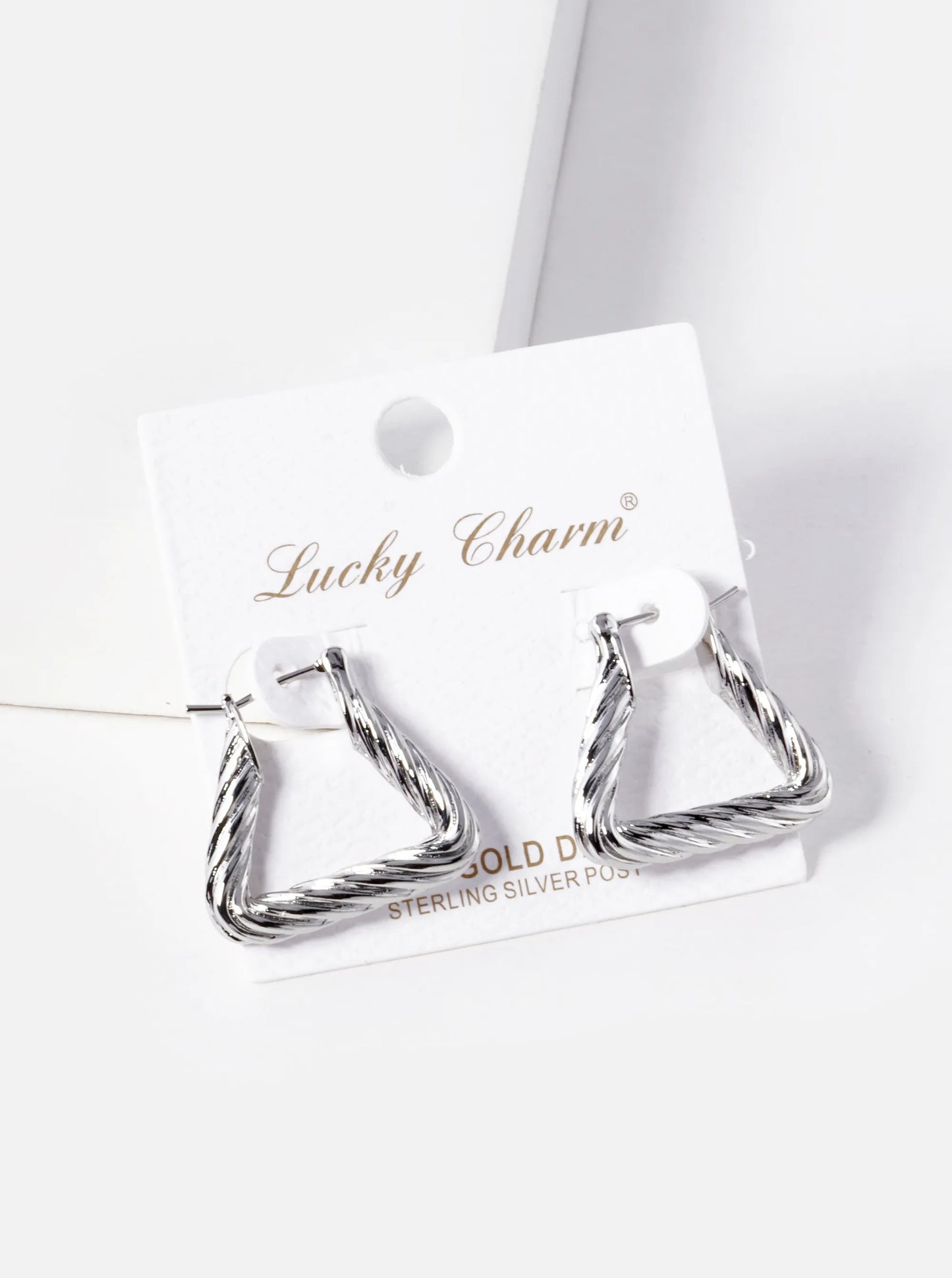 White Gold Dipped Textured 20mm Triangle Brass Hoop Earrings