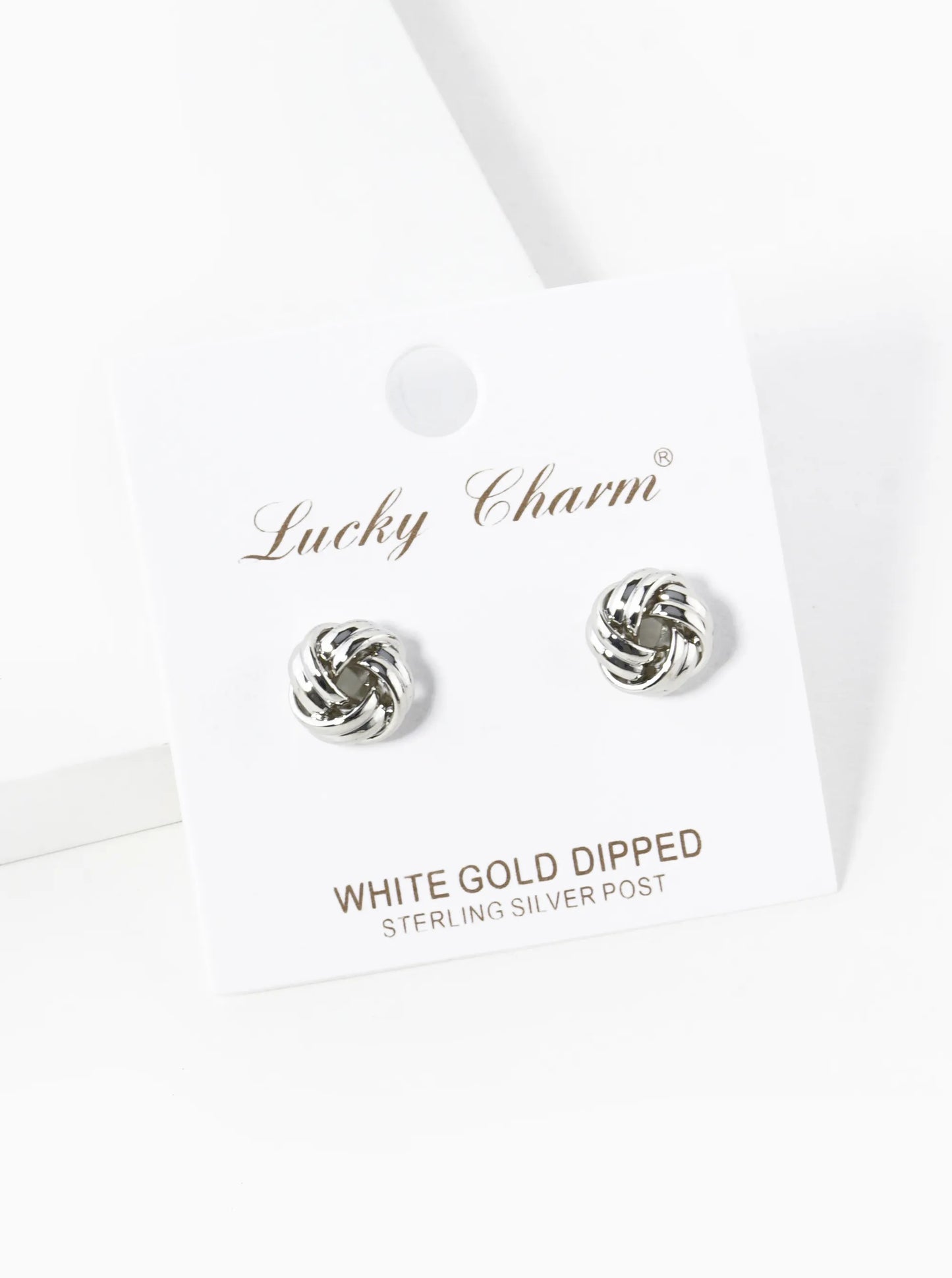 White Gold Dipped Textured 9mm Love Knot Stud Earrings