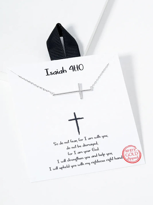 White Gold Dipped Textured Brass Cross Pendant Necklace