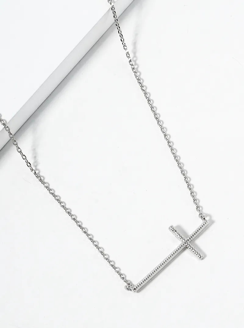 White Gold Dipped Textured Brass Cross Pendant Necklace