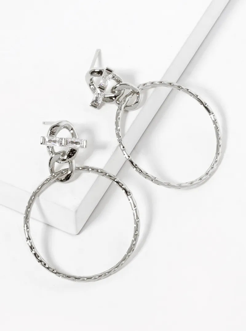 White Gold Dipped Textured Circle Drop Post Earrings