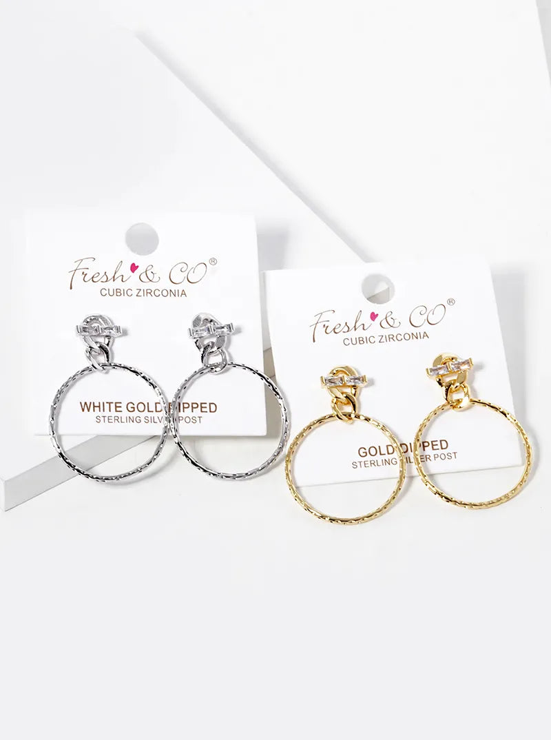 White Gold Dipped Textured Circle Drop Post Earrings